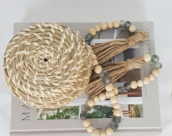 Gray Glass and Wood Bead Garland, Handmade Tassel Decor