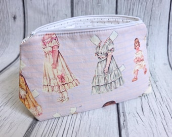 Vintage paper Doll Zippered Makeup Bag: Travel Toiletry Organizer