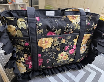 Large Floral Tote Bag with Zipper, Handmade Ruffle Tote, Pocket Organizer Bag, Work Bag, Travel Tote, Gift for Her