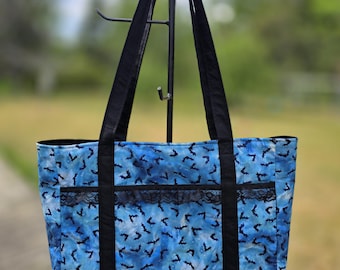 Large Blue Bat Tote Bag, Handmade Tote, Work Bag, Travel Tote, Gift for Her, spooky gift