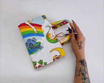 Vintage Rainbow Brite Book Cover with Handles | Upcycled Fabric Book Sleeve | 80s Nostalgia Retro Book Pouch | Bookish Gift, Booktok