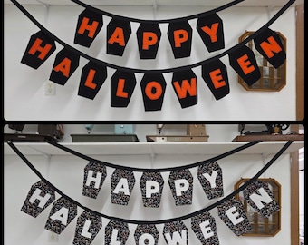 Reversible Halloween Banner Coffin Garland, Fabric Happy Halloween Bunting, Spooky Decor, Gothic Party Banner, Orange Black Fall Decor