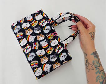 Rainbow Cat Book Cover with Handles | Fabric Book Sleeve with Button and Elastic Closure | Cute Kitten Book Pouch | Cat Lover Gift, Booktok