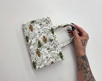 Cicada Reusable Book Cover Sleeve with Handle, Fabric Book Protector for Books, Journals, Planners & Slim Tablets, Nature Print