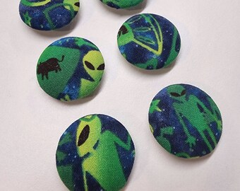 Alien Fabric Covered Buttons: Handmade Cotton Sew-On Buttons (Set of 6)