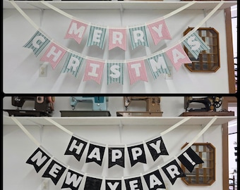 Reversible Merry Christmas Banner, Happy New Year Bunting, Handmade Fabric Holiday Pennant Garland, 2 Piece Set Holiday Party Decor