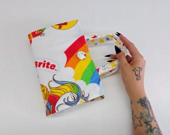 Vintage Rainbow Brite Book Cover with Handles | Upcycled Fabric Book Sleeve | 80s Nostalgia Retro Book Pouch | Bookish Gift, Booktok