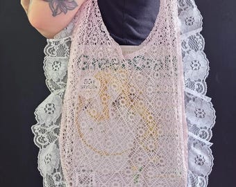 Upcycled Vintage Pink Lace Tote Bag, Romantic Lace Shoulder Bag, Cottagecore Purse, Pink Boho Bag, Coquette Aesthetic, Handmade Tote