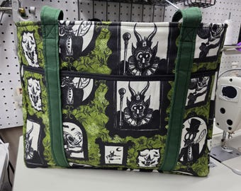 Large Macabre Tote Bag with Zipper, Handmade Tote, Work Bag, Travel Tote, Gift for Her, Mother's Day Gifts, Custom Print