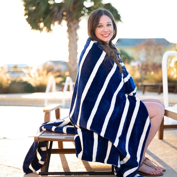 Navy Stripe Blanket Blanket Plush Blanket Monogrammed Blanket