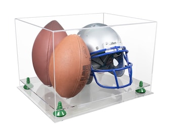 Double Football and Helmet Display Case with Clear and Mirror Case, Risers and Clear Base (A014/B60)