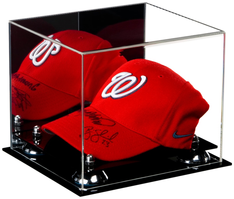 Baseball Cap Display Case Black Acrylic Base Gold Risers