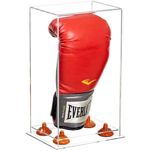 May include: A red boxing glove inside a clear acrylic display case. The glove has a black and gray wrist area with the word "EVERLAST" printed on it. The case is supported by orange suction cups.