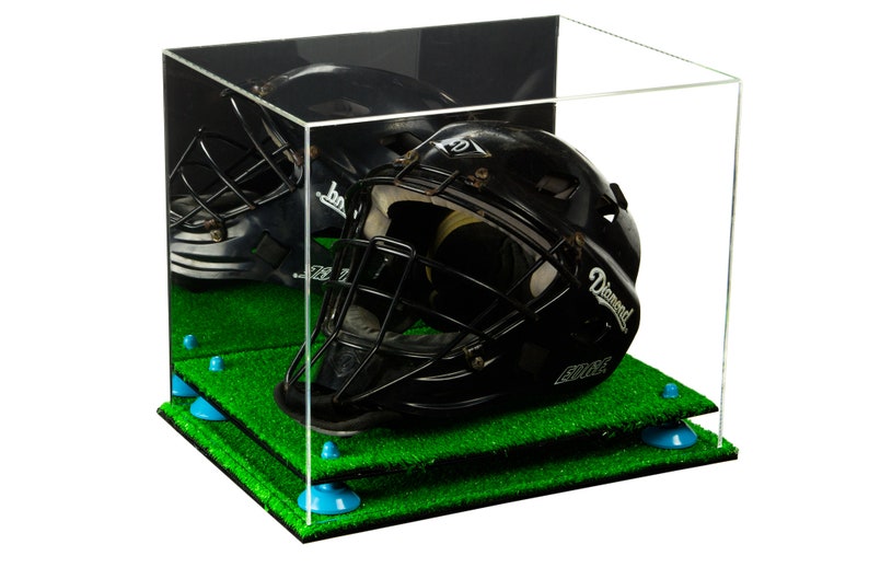 Deluxe Acrylic Catchers Helmet Display Case with Risers A002-TB Mirror and Turf Base