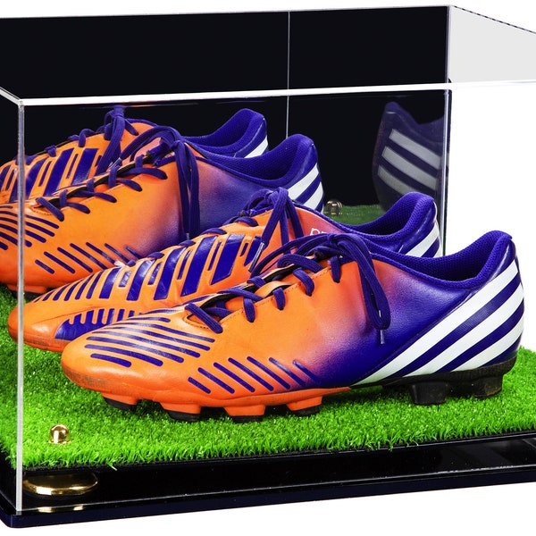 Vitrina de par de zapatos grandes de acrílico para tacos de fútbol Tacos de fútbol con espejo, soporte de pared, elevadores y base de césped (V13)