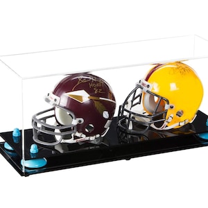 Clear Acrylic Double MINI - Miniature (not full size) Football Helmet or Mini Goalie Mask Display Case with Risers and Black Base (A019/V46)