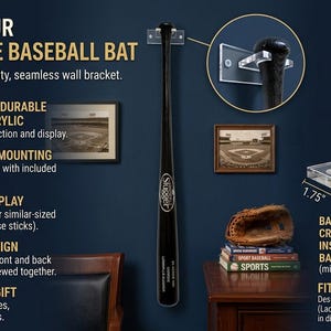 May include: A clear acrylic wall bracket for displaying a baseball bat. The bracket features a U-shaped cradle and a rectangular back plate with screw holes. Dimensions shown are 4.875 inches long, 1.75 inches high, 3 inches wide, and 2 inches deep.