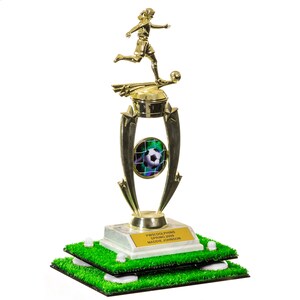 May include: A gold soccer trophy featuring a female figure kicking a soccer ball. The trophy has a gold base with a green turf-like surface and a soccer ball graphic. The trophy includes the text "PWSI DOLPHINS SPRING 2009 MADDIE JOHNSON".