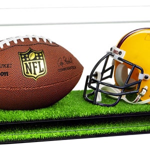 Clear Acrylic MINI - Miniature (not full size) Football and Helmet Display Case with Risers and Turf Base (A019/B46)