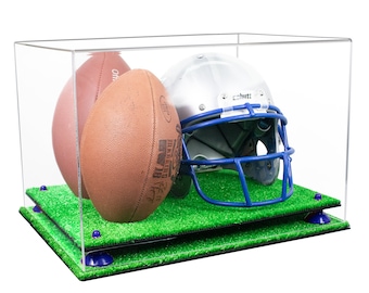 Double Football and Helmet Display Case with Clear and Mirror Case, Risers and Turf Base (A014/B60)