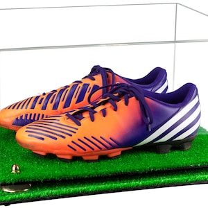 Clear Acrylic Shoe Pair Display Case for Soccer Cleats Football Cleats with Risers and Turf Base (A026-TB)