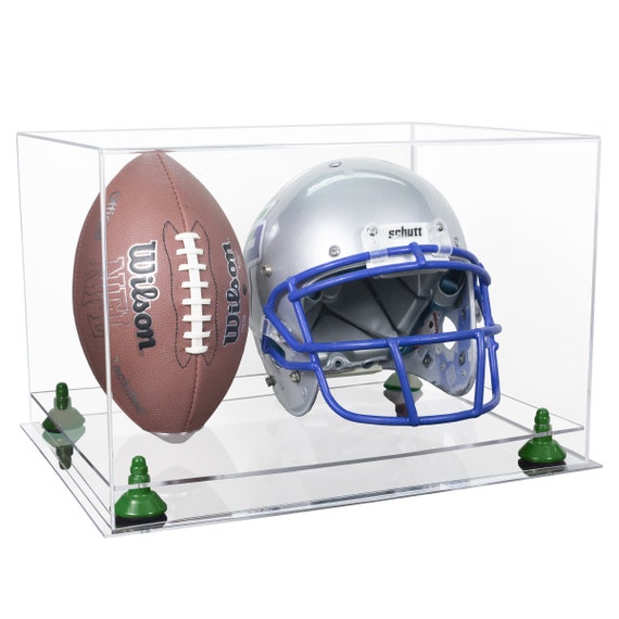 cheap football helmet cases Clear Acrylic Display Case with Pink Risers and Turf Base (A002-PNR) the top of this wall Golden Classic Mini Helmet Display