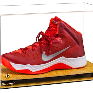 Deluxe Clear Acrylic Large Shoe Display Case for Basketball Shoe Soccer Cleat Football Cleat with Risers and Wood Base (A013-WB)