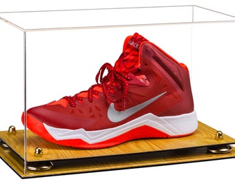 Deluxe Clear Acrylic Large Shoe Display Case for Basketball Shoe Soccer Cleat Football Cleat with Risers and Wood Base (A013-WB)