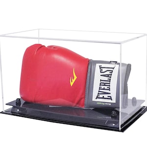 May include: A red boxing glove with a black and white Everlast logo is displayed in a clear acrylic display case with a black base.