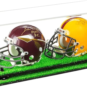 Acrylic Double MINI - Miniature (not full size) Football Helmet or Mini Goalie Mask Display Case, Risers and Turf Base (A019/V46)
