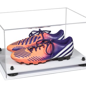 Clear Acrylic Shoe Pair Display Case for Soccer Cleats Football Cleats with Mirror & Wall Mount, White Base  (V12/A026)