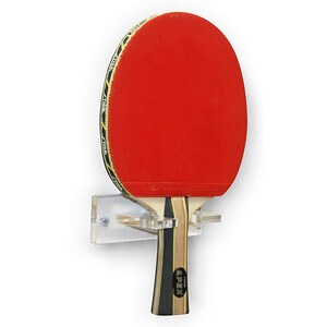 May include: A clear acrylic wall mount for storing a ping pong paddle. The paddle has a red rubber surface and a wooden handle with the word "APEX" printed on it.
