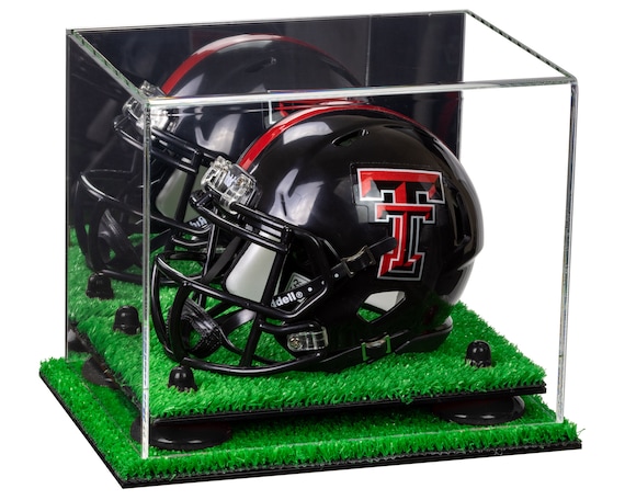 cheap football helmet cases Clear Acrylic Display Case with Pink Risers and Turf Base (A002-PNR) the top of this wall Golden Classic Mini Helmet Display