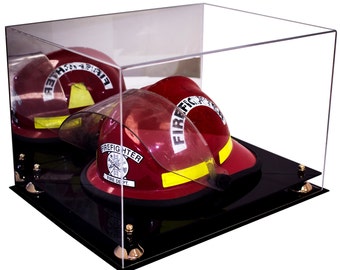 Acrylic Fireman's Helmet Large Display Case with Mirror, Risers and Black Base (V60)