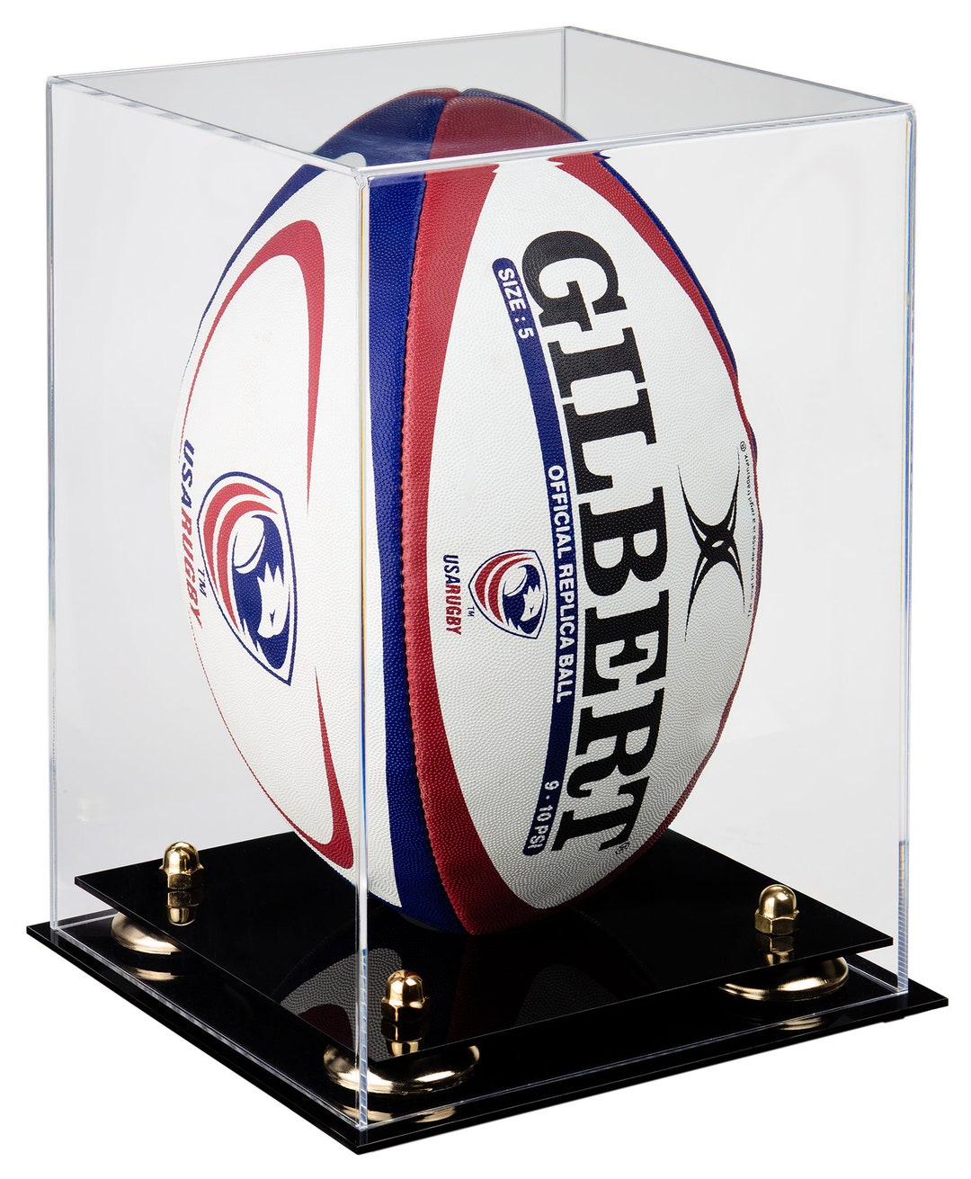 Deluxe Clear Acrylic Rugby Ball Display Case Vertical With Risers A060