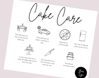 Puede incluir: Ilustración en blanco y negro de consejos para cuidar un pastel. La ilustración incluye iconos de un pastel, un coche, un sol, un refrigerador, un soporte para pastel, un cuchillo y un contenedor. El texto incluye consejos como "Mantener el pastel nivelado en todo momento", "Colocar el pastel nivelado y mantener el aire acondicionado encendido", "Mantener el pastel fuera de la luz solar directa", "Guardar el pastel en el refrigerador hasta que los invitados estén listos para llegar", "Si se utiliza un soporte, asegurarse de que sea resistente y ligeramente más grande que la base del pastel", "Utilizar un cuchillo afilado para cortar. Sumergirlo en agua caliente para limpiarlo después de cada rebanada", y "Guardar las sobras en el refrigerador o congelador".