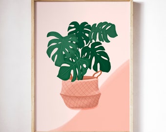 Monstera Houseplant Illustration Print, Plant Lover Poster, Plant Mom Gift, Bohemian Print, Indoor Jungle Decor, Modern Plant Print