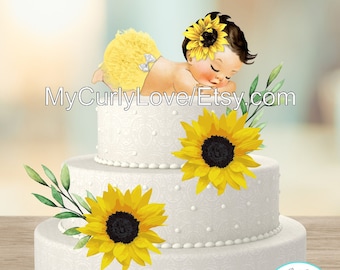 Sunflower Baby Cake Topper, Vintage Sunflower Baby Cake, Sunflower Baby Shower, Sunflower Baby Shower Cake Topper, Sunflower Baby Stick