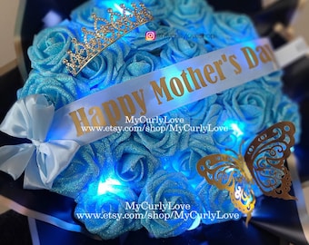 Blue Glitter Roses Bouquet Foam Roses Glitter Bouquet Ramo Buchon Mother&#39;s Day Bouquet Graduation Roses Blue Bouquet Happy Birthday Roses