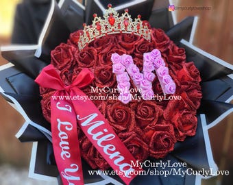 Glitter Roses Bouquet Initial Letter Ramo Buchon Graduation Glitter Roses Bouquet Mother&#39;s Day Roses Red Glitter Roses Personalized Bouquet