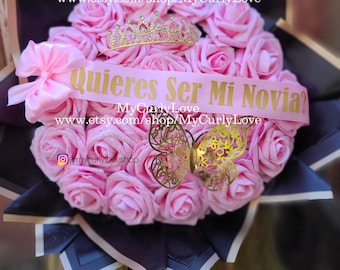 Pink Glitter Roses Bouquet Valentines Bouquet Eternal Roses Pink Ramo Buchon Glitter Roses Pink Birthday Ramo Personalized Banner Valentines