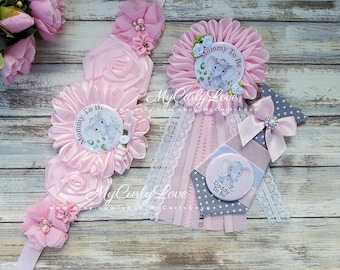 Elephant Baby Shower Sash: Pink Floral Mommy To Be Sash & Daddy Tie