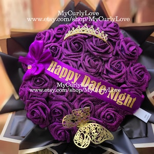 Purple Glitter Foam Rose Bouquet: Ramo Buchon, Tiara and Butterfly