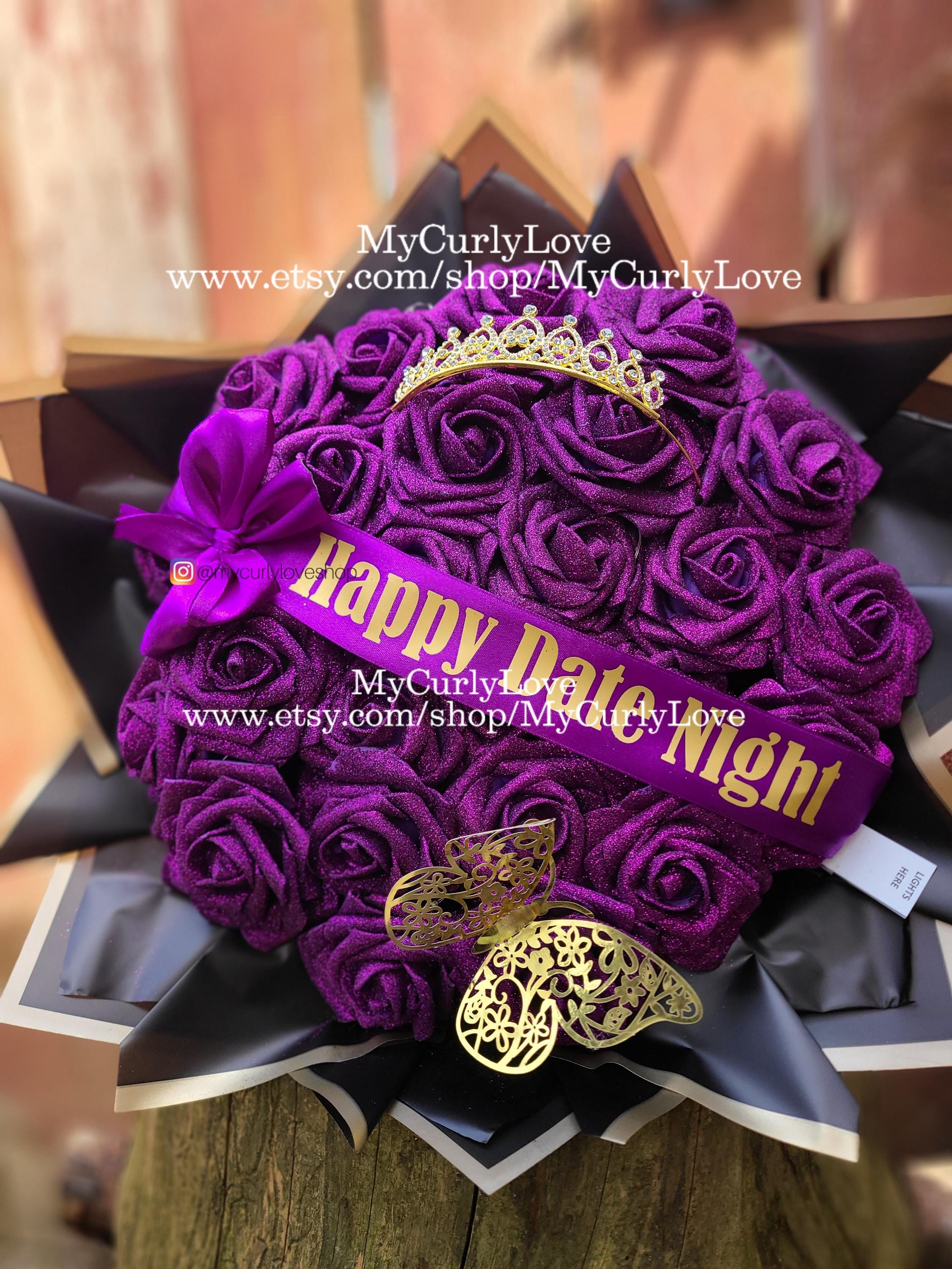 Purple Glitter Foam Rose Bouquet: Ramo Buchon, Tiara and Butterfly