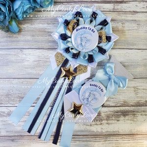 Boy Mommy to Be Corsage: Daddy Tie, Navy Blue Baby Blue Gold, Elephant Moon Baby Shower Twinkle Star