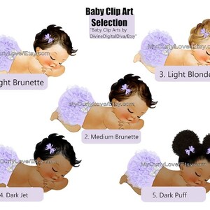 Pode incluir: Uma sele&ccedil;&atilde;o de ilustra&ccedil;&otilde;es digitais intitulada Baby Clip Art Selection mostrando cinco beb&ecirc;s dormindo usando capas de fralda com babados na cor lavanda com pequenos la&ccedil;os. Cada beb&ecirc; tem uma cor e estilo de cabelo diferente, numerados de 1 a 5.