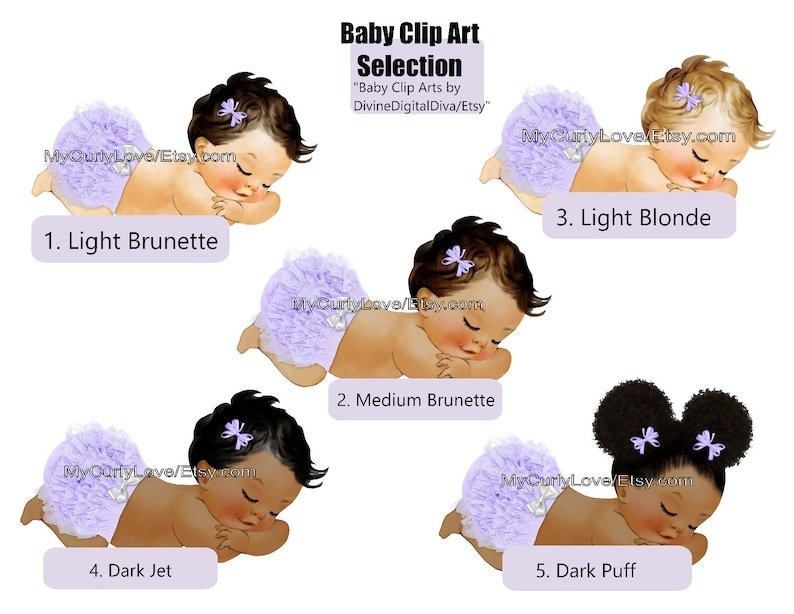 Pode incluir: Uma sele&ccedil;&atilde;o de ilustra&ccedil;&otilde;es digitais intitulada Baby Clip Art Selection mostrando cinco beb&ecirc;s dormindo usando capas de fralda com babados na cor lavanda com pequenos la&ccedil;os. Cada beb&ecirc; tem uma cor e estilo de cabelo diferente, numerados de 1 a 5.