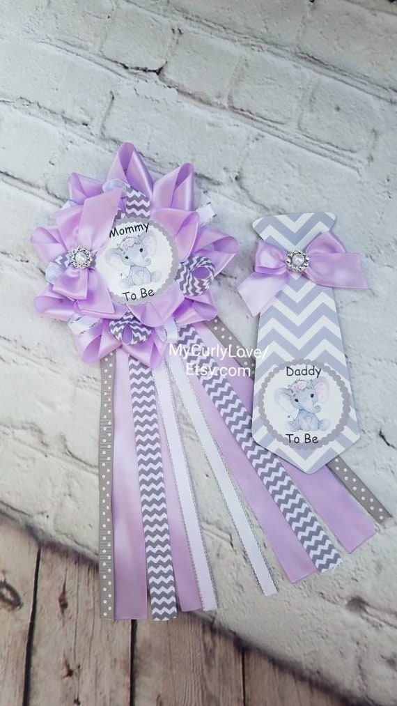 Gray cheveron Baby Girl Elephant Baby Shower Corsage Lavender