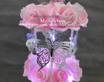 Pink Butterfly Carousel Centerpiece, Quinceanera Sweet 16 Party Decor