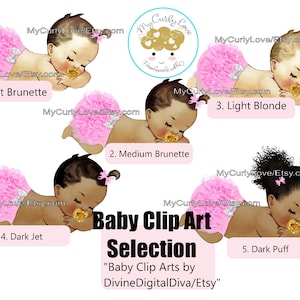 Pode incluir: Uma cole&ccedil;&atilde;o digital de cinco ilustra&ccedil;&otilde;es apresentando beb&ecirc;s vestindo capas de fraldas cor-de-rosa com babados, la&ccedil;os prateados e chupetas douradas. Cada beb&ecirc; tem uma cor de cabelo e estilo diferentes, numerados de 1 a 5.